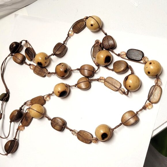 Large Wood Inspired Earthtone Beaded Long Statement Necklace - Picture 10 of 10